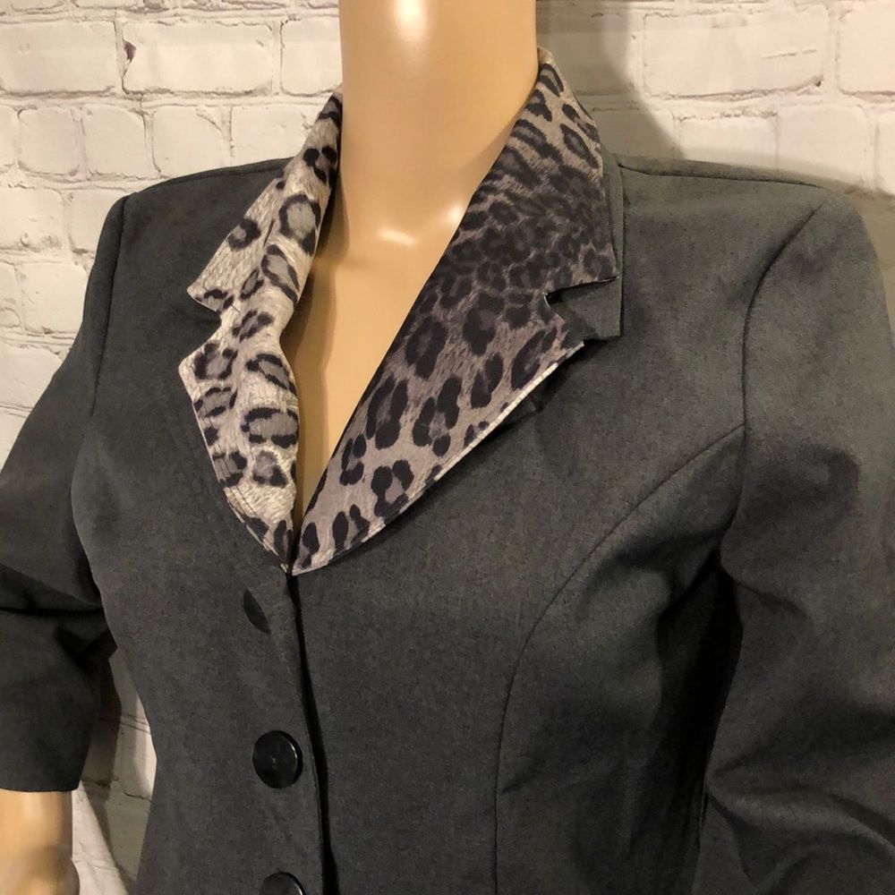 Vintage 1980s Brioche Blazer Gray with Leopard Print Collar 9/10 - Picture 2 of 8